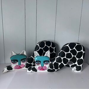 Pair of Wooden Hand Painted Whimsical Folk Art Cats